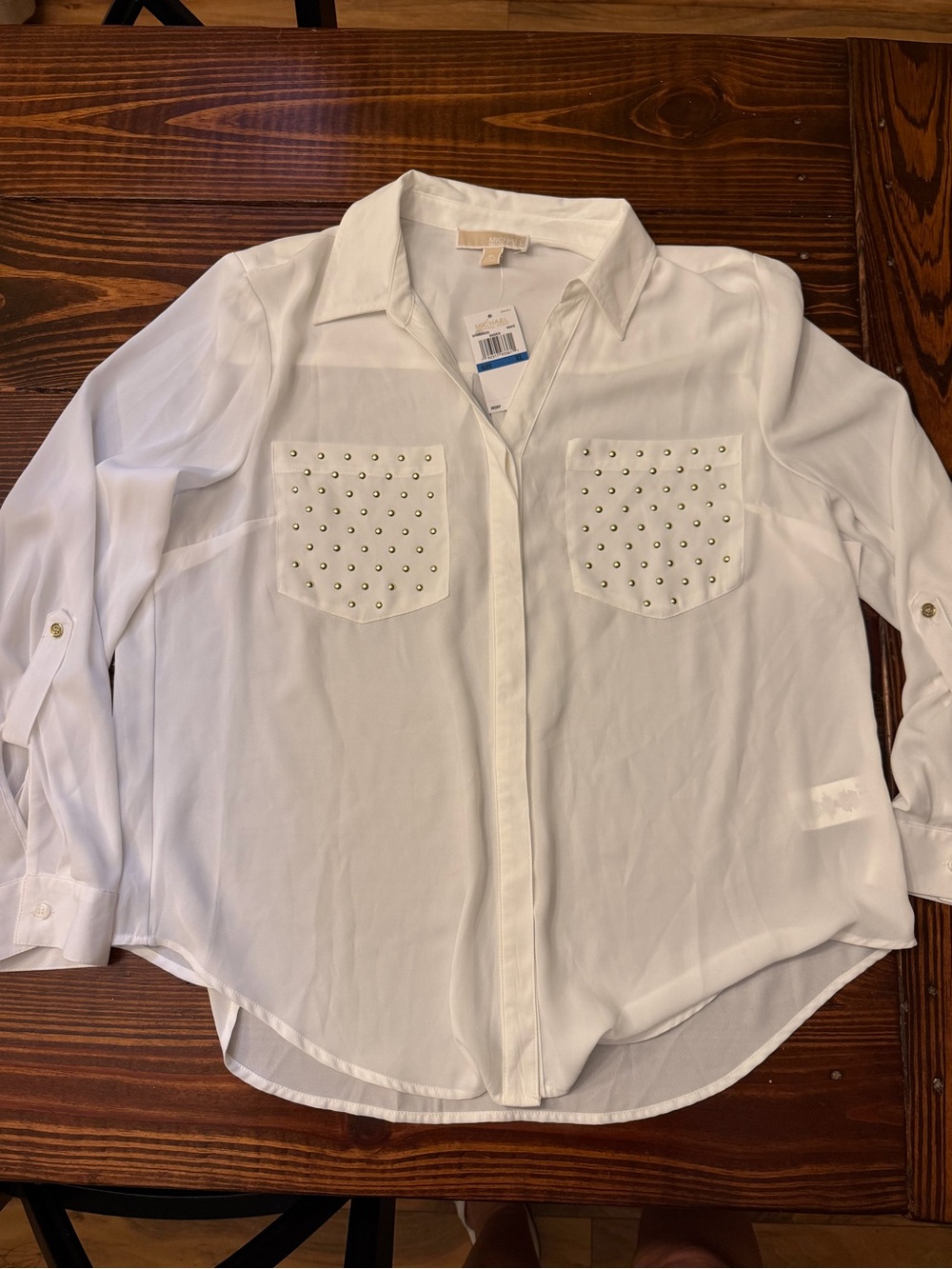 Michael Kors White Studded Pocket Button-Up Blouse